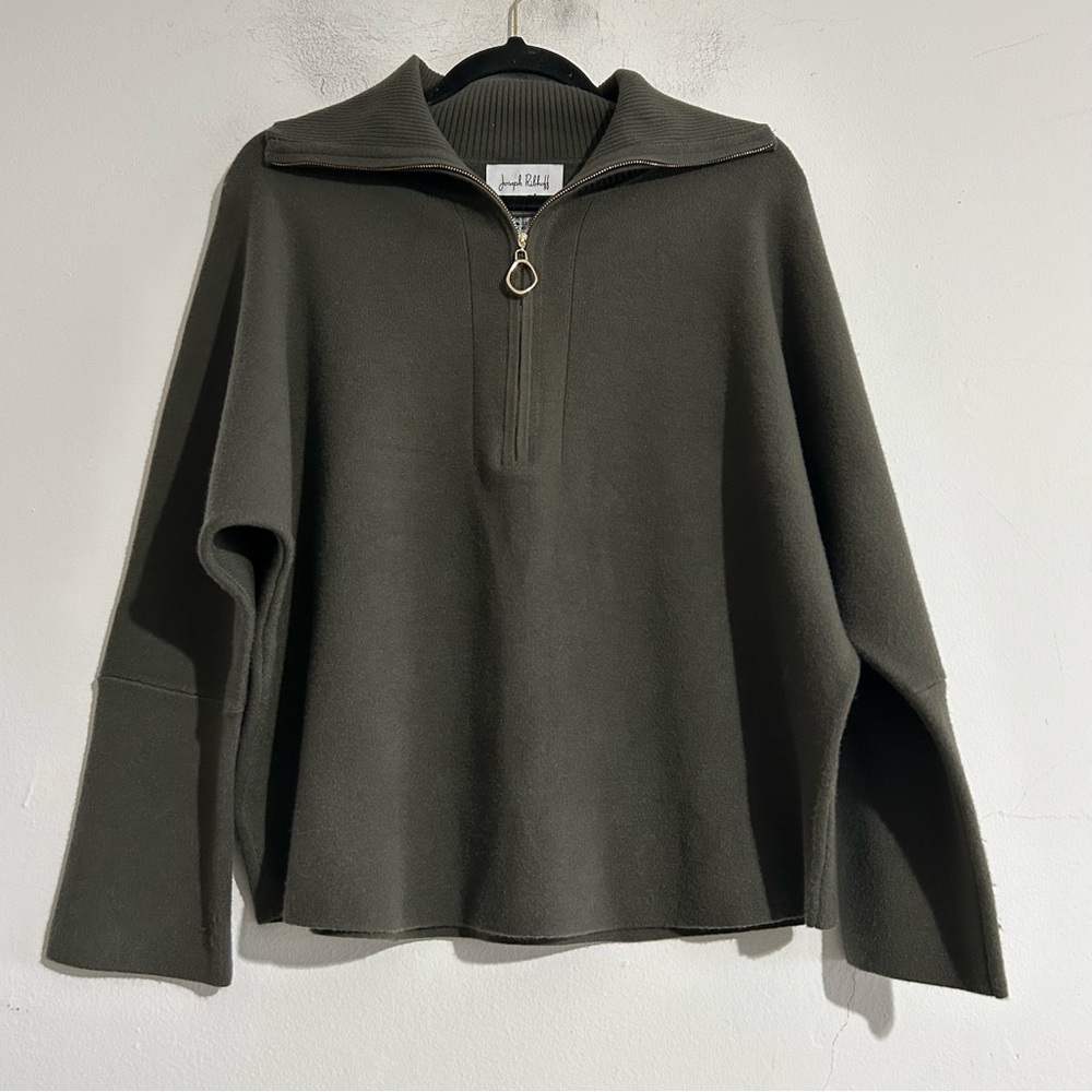Joseph Ribkoff Boxy Pullover Sweater Zipped Collar Avocado Green Medium